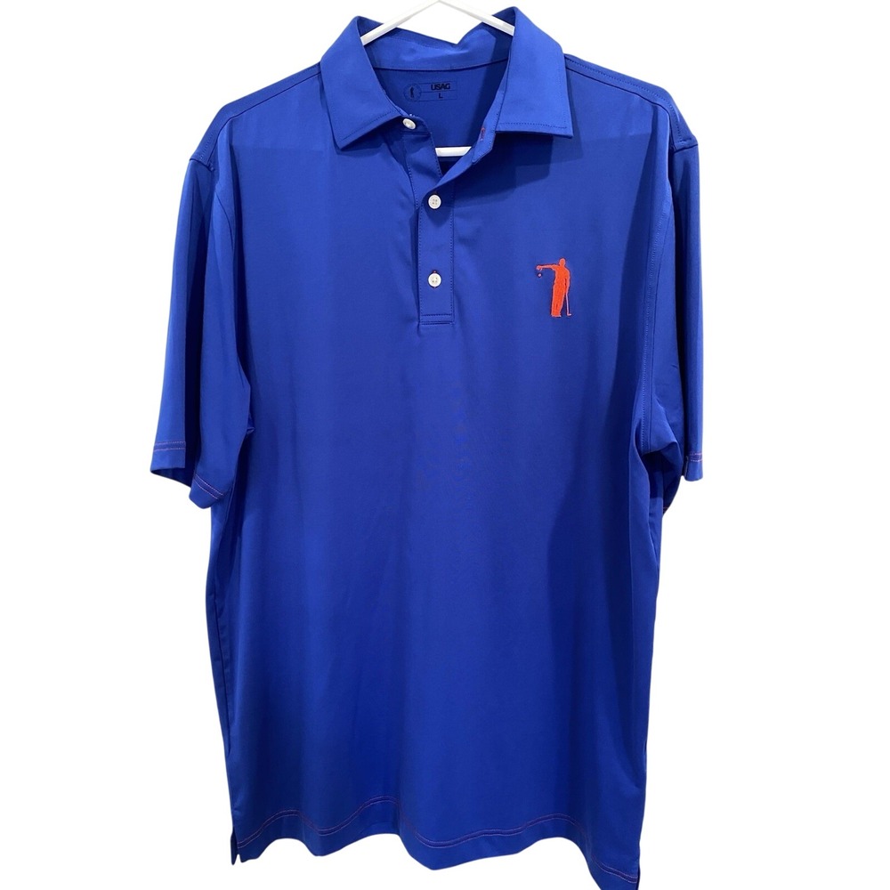 U Suck At Golf USAG Polo Shirt Mens Large USA Flag Blue Red Performance‎ Stretch